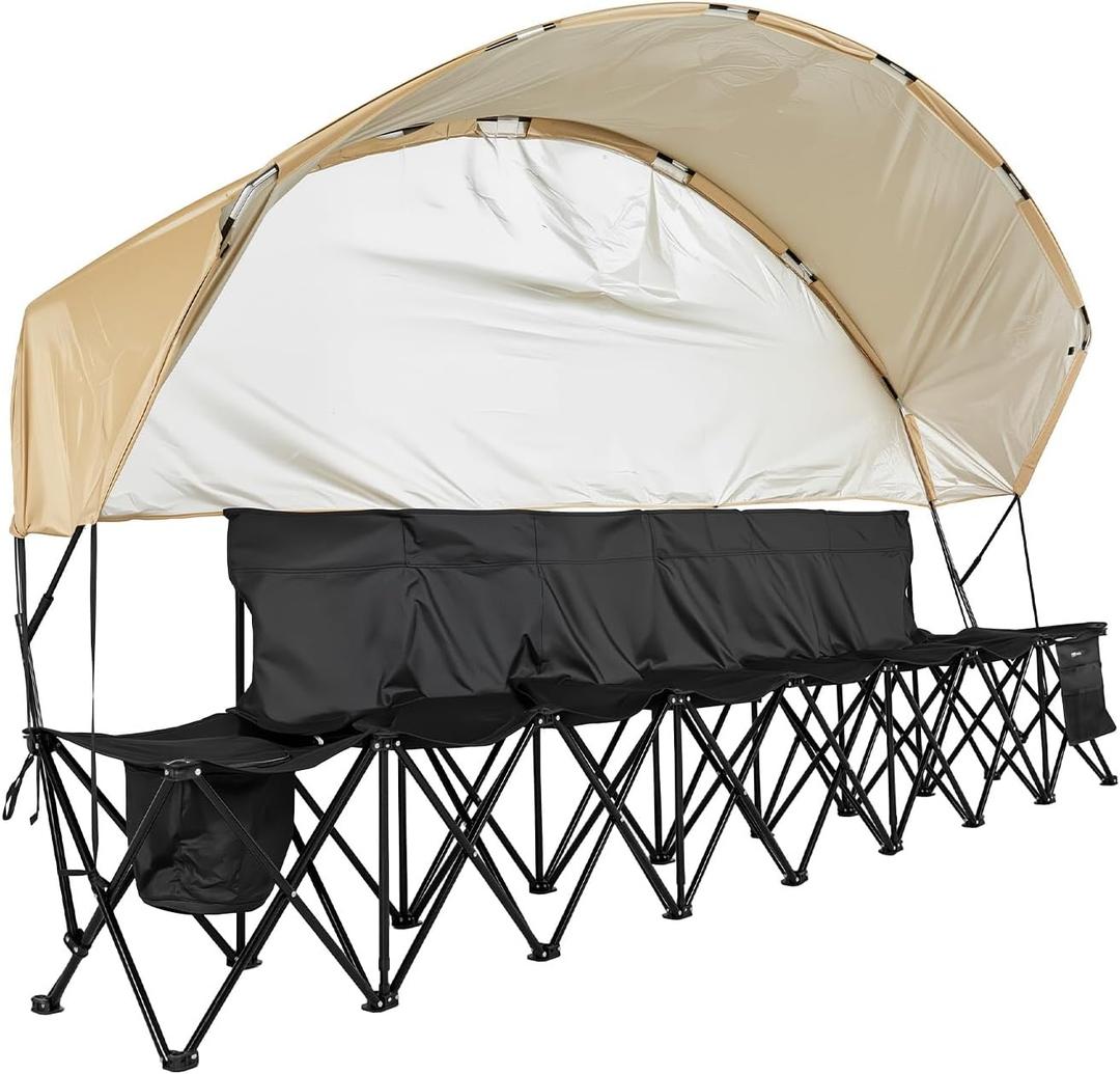 VEVOR Portable Folding Bench, 6 Seat Soccer Bench with Storage Pockets Cup Holders & Carrying Bag, Lightweight Sideline Seating with Sunshade for Football, Baseball, Camping, Outdoor Events, Black, With Backrest & Canopy - 6 Seats
