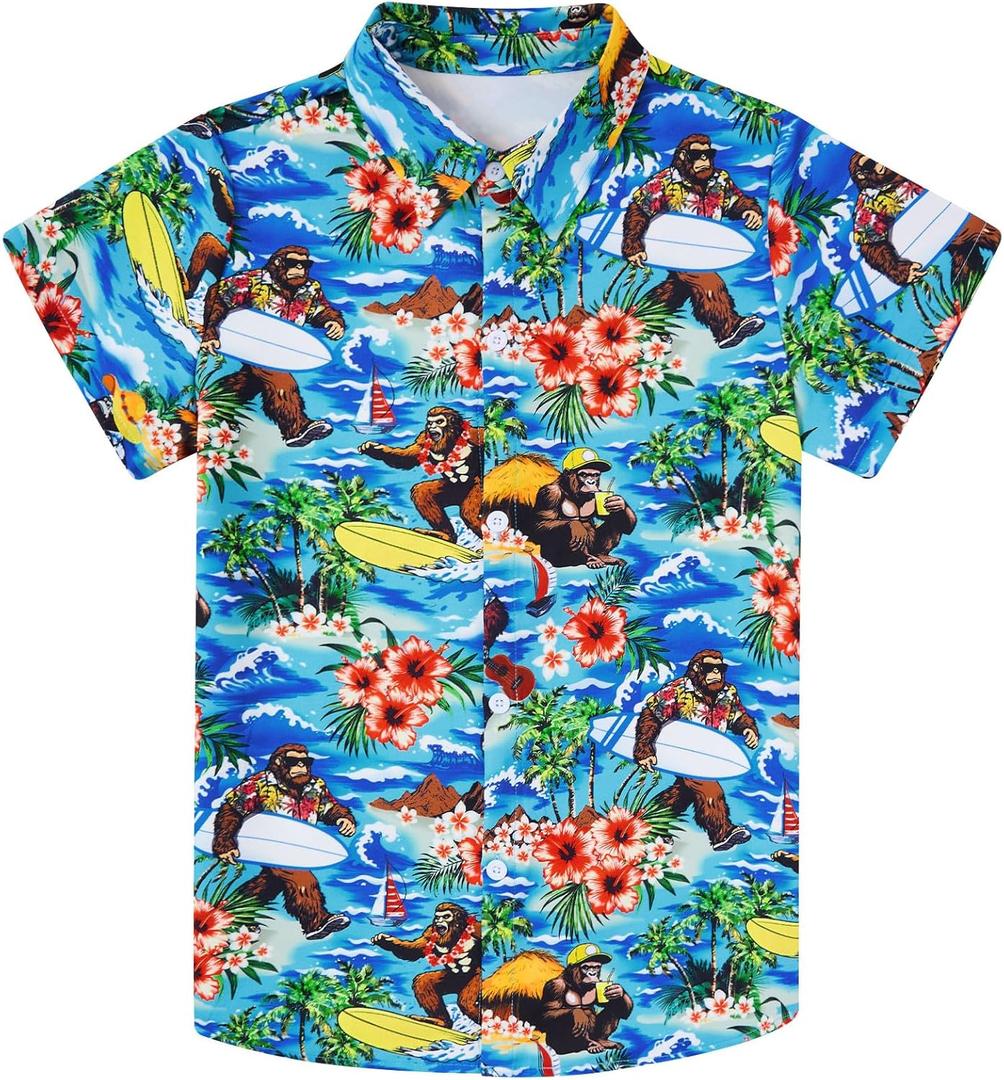 RAISEVERN 3-10T Boys Button Down Hawaiian Shirts Short Sleeve Cool Dress Shirt Tops (A1-bigfoot 01)