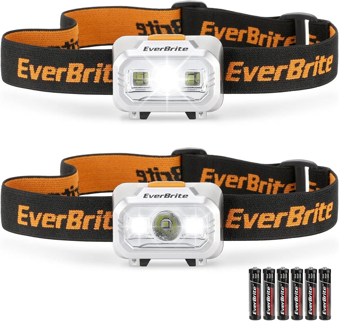 EverBrite LED Headlamp, 4 Lighting Modes, Pivoting Head with Adjustable Headband, IPX4 Water Resistant, Perfect for Running, Camping, Hiking, Christmas, and Emergency, 3 AAA Battery Powered (2 Pack)
