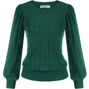 GRACE KARIN Women's Long Lantern Sleeve Crew Neck Crochet Top Hollow Out Fall Pullover Sweater, Small