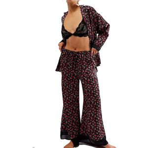 Women Satin Pajama Set Floral Silk Pajamas 2 Piece Lounge Sets Button Down Shirts Wide Leg Pants Pjs Sleepwear, M