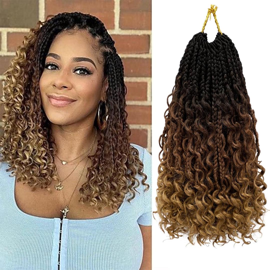 Goddess Box Braids Crochet Hair 12 Inch 8 Packs Pre-looped Bohemian Crochet Boho Box Braids With Curly Ends 3X Crochet Braids Hair for Women Synthetic Braiding (12 inch, T1B/30/27)