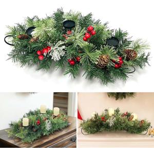 TURNMEON 30 Inch Large Artificial Christmas Table Centerpiece with 3 Candle Holders, Red Berries and Pine Cones, Christmas Candle Holder Table Accent Centerpiece for Indoor Home Decoration