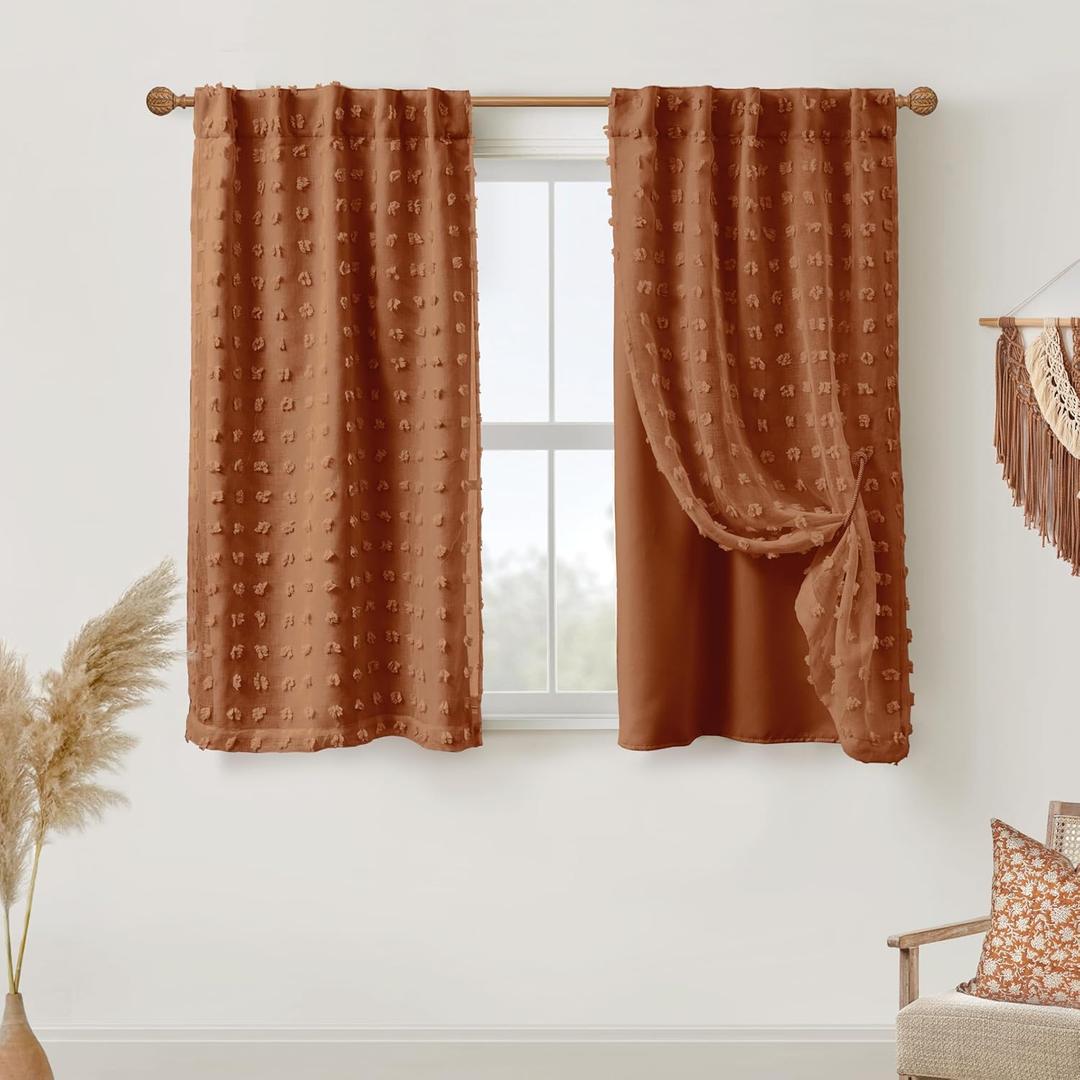 Back Tab Pom Pom Terracotta Curtains for Girls Room Bedroom Bathroom Nursery Curtains Double Layer 45 Inch Length