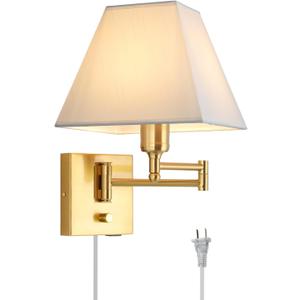 Wall Mounted Lamp Plug in Wall Sconce with Dimmable Switch Swing Arm Wall Lamp Whire Fabric Shade with USB Port Gold Wall Sconce Suitable for Hallway Bedroom Living Room