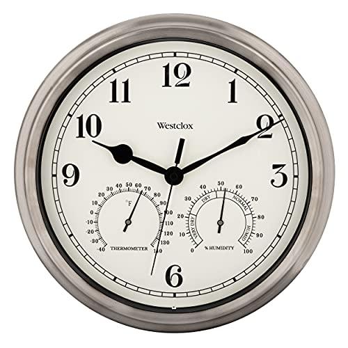 Westclox Indoor/Outdoor Wall Clock with Temperature & Humidity Gauges, Weather-Resistant, Quartz Accuracy, Battery-Powered (Silver, 12-Inch)
