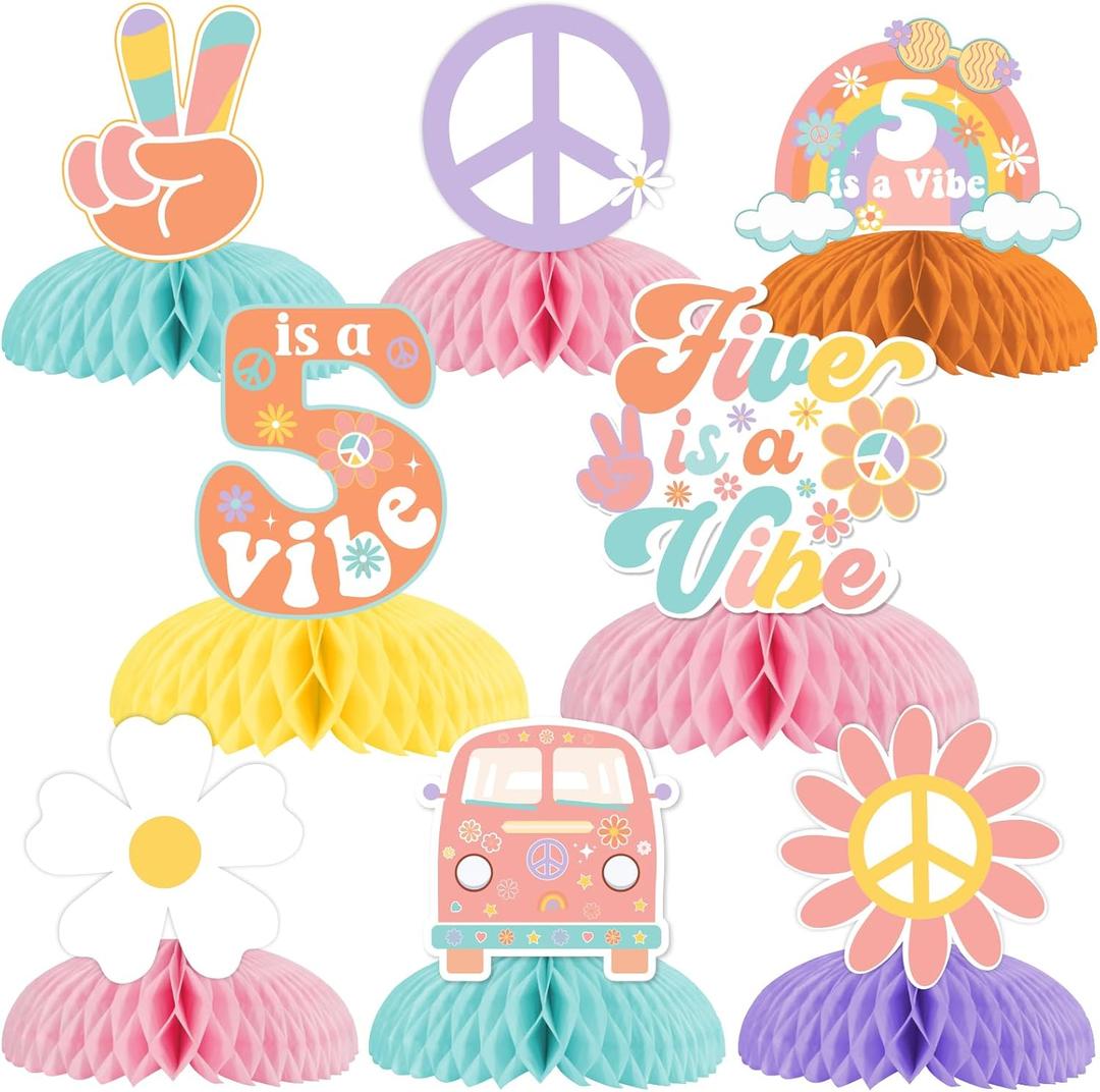 8 Pieces Five Is A Vibe Honeycomb Centerpieces, Boho Girls 5th Birthday Party Decorations, Daisy Flower Retro 60s 70s Hippie Theme Table Toppers Decors Party Supplies