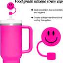 2 x Whaline 6Pcs Smiling Face Straw Covers - Hot Pink Silicone Reusable Topper, Double Sided Pattern Tip Covers 10mm 0.4 Inch for 30 & 40 OZ Tumbler with Handle