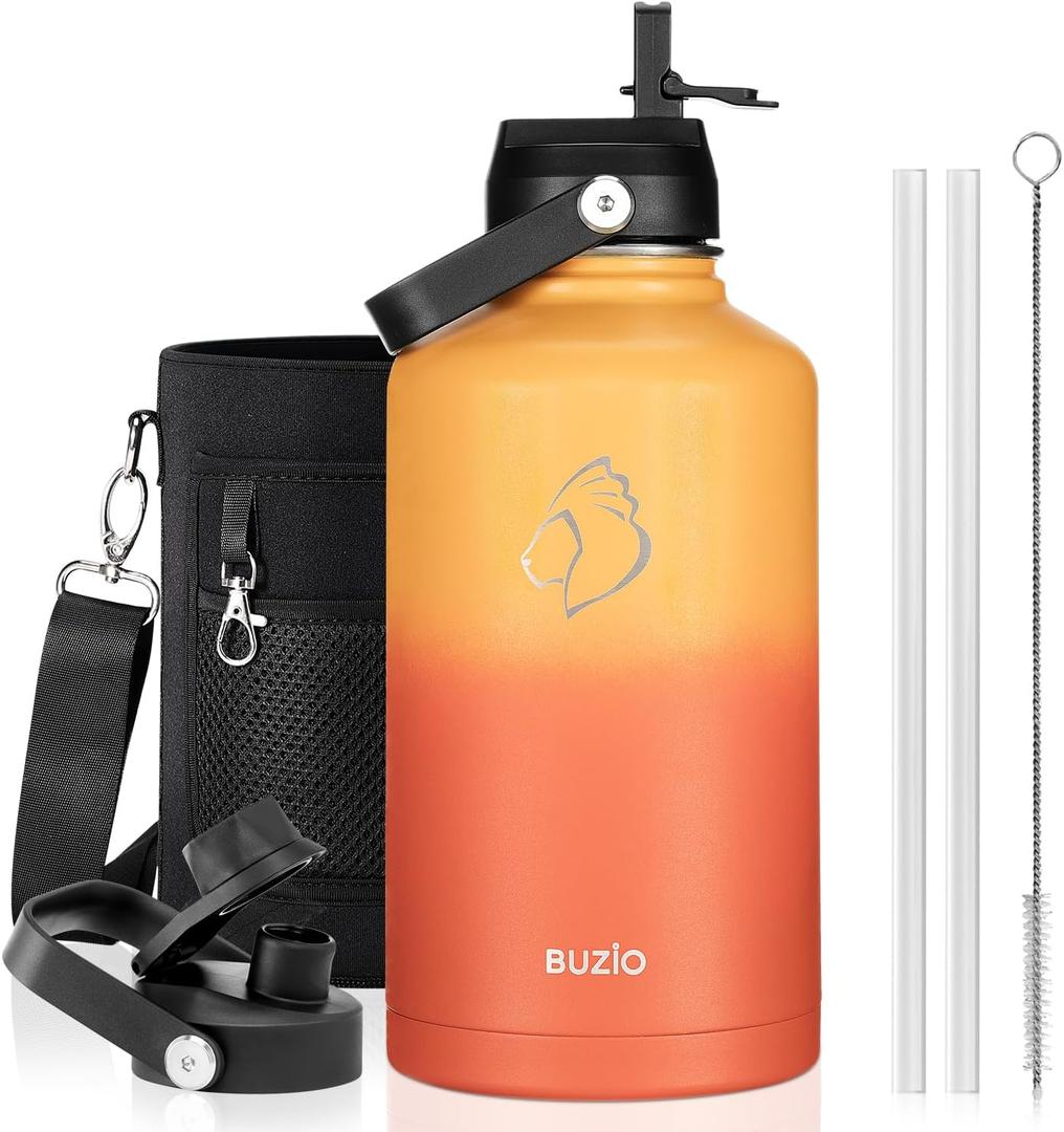 BUZIO 128oz Gallon Water Bottle, Insulated Water Jug with Straw Lid and Carrying Sleeve (Cold for 48 Hrs) Stainless Steel Hydro Metal Canteen Water Flask, Yellow Orange
