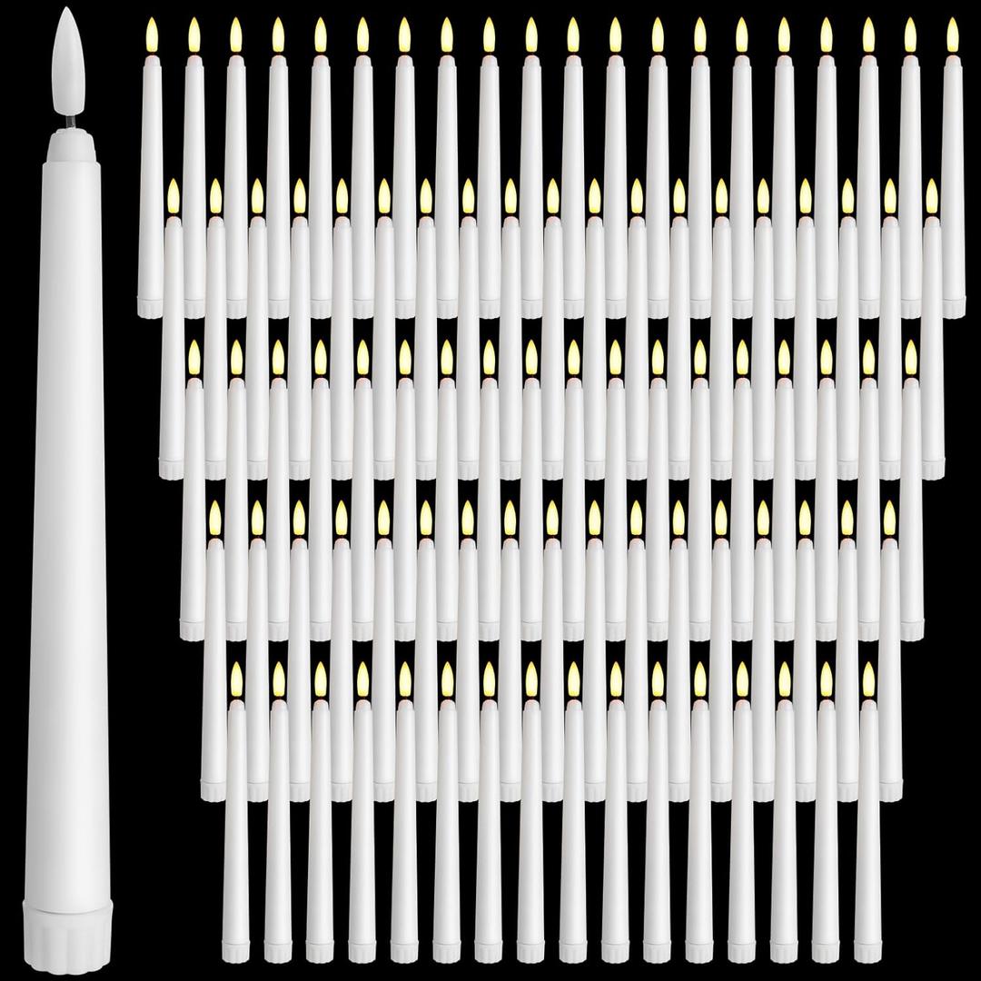 Baquler 100 Pcs 8.5 Inch Flameless Taper Candles Battery Operated Taper Candles Bulk LED Flickering White Candlesticks for Wedding Church Table Centerpiece Halloween Christmas Party Decor