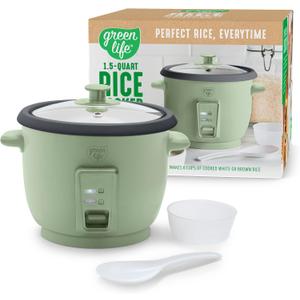 GreenLife Rice Cooker with Removable PFAS-Free Ceramic Nonstick Pot, 3-Cups Uncooked/6-Cups Cooked, Grains & Oatmeal Multicooker, Compact One-Switch Design, Auto Keep Warm, Easy Clean, Sage Green