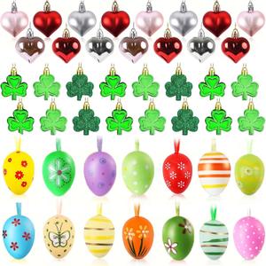 DIYASY 72 Pcs Valentine's Day Heart Haning Ornaments, St. Patrick's Day Shamrock Easter Eggs Ornaments Plastic Clover Egg Party Favor Gift Supplies Home Decorations Set