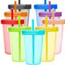 Youngever 9 Sets 16 Ounce Plastic Cups with Lids and Straws, Reusable Plastic Cups with Straws (Rainbow Colors) (Assorted)