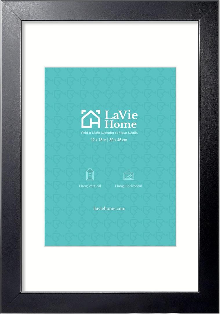 LaVie Home 12x18 Picture Frame Black Poster Frame,Display Pictures 9x12 with Mat or 12x18 Without Mat, Stable and Sturdy Frame and Polished Plexiglass, Horizontal and Vertical Format of The Walls