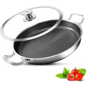 Vinchef 13 Inch Paella Pan, Stainless Steel with Lid, Honeycomb Nonstick Coating, Oven Safe, Dishwasher Safe, Induction, Gas, Electric Stove Compatible