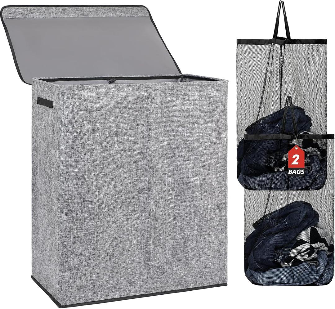 DOKEHOM 150L Double Laundry Basket with Lid and Removable Laundry Bags, Large Collapsible Laundry Hamper with 2 Sections for Bedroom, Bathroom, Laundry Room, College (Grey)