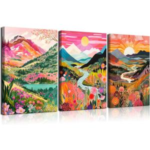 3Pcs Colorful Watercolor Mountain Canvas Wall Art Boho Floral Painting Picture Wall Decor Abstract Nature Landscape Poster Print Artwork for Living Room Bedroom Bathroom Office Home Decoration (16x24in)
