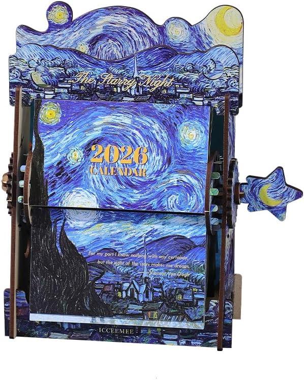 2026 calendar desk calendar Wooden Hand-Crank Monthly Flip Calendar - DIY Assembled Tabletop Art with Classic Oil Painting Masterpieces for Office Decor, Home, Gift