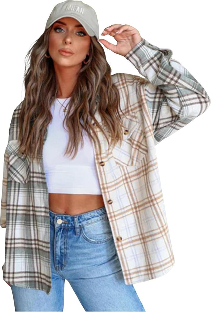 ZAFUL Womens Plaid Shirts Button Down Shacket Long Sleeve Collared Business Casual Blouses Tops (S)