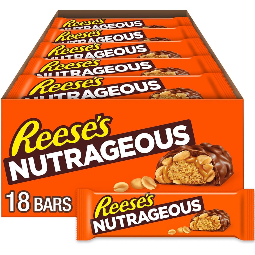 REESE'S NUTRAGEOUS Chocolate, Peanut Butter, Caramel and Peanut Candy Bars, 1.66 oz (18 Count) (EXP 11/01/26)