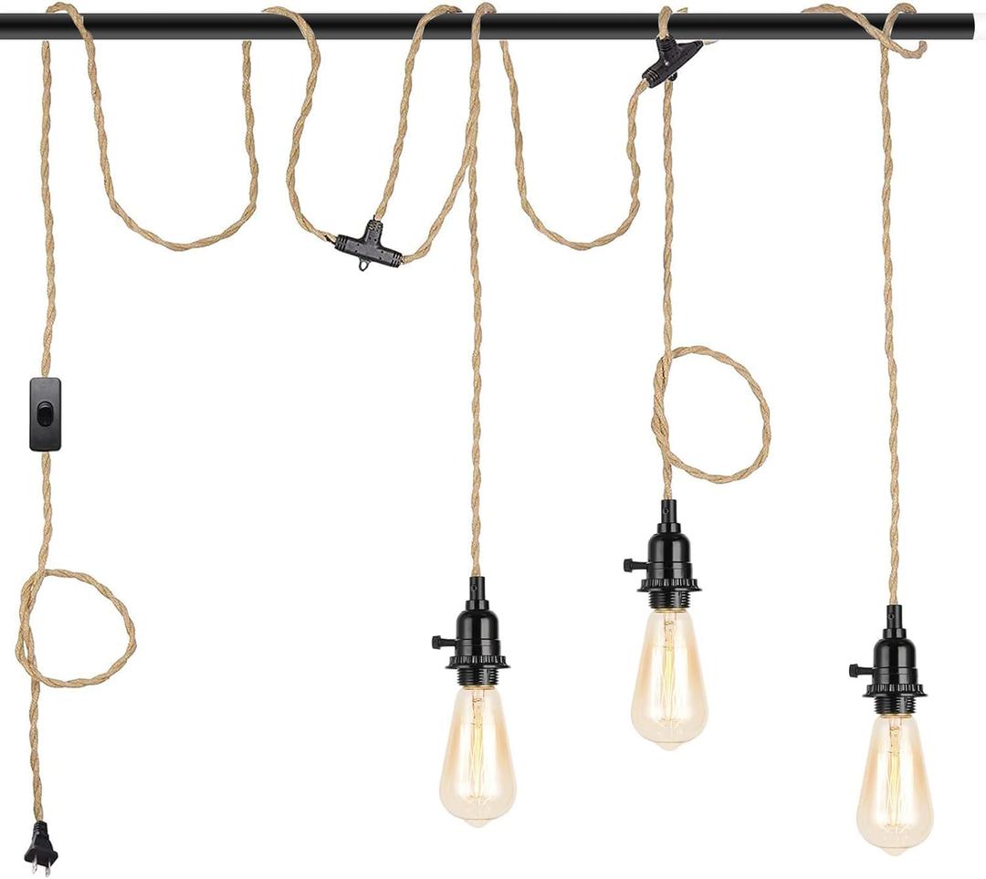 3-Light Hanging Light with Plug in Cord,Plug in Pendant Light 22ft Hemp Rope Pendant Lighting Vintage 3-Light Hanging Lamp Fixtures for Kitchen Island Living Room Bedroom