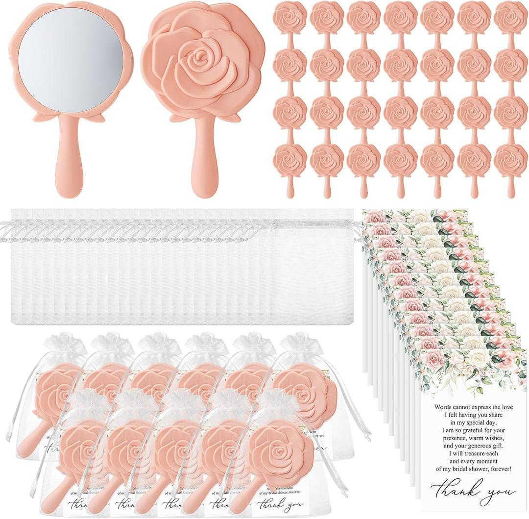 Wenqik 50 Sets Bridal Shower Favors Rose Compact Mirrors Bulk Wedding Favors for Guests Rose Compact Handheld Mirrors with Thank You Cards and Organza Bags Wedding Party Guests Souvenir Gifts (Pink)