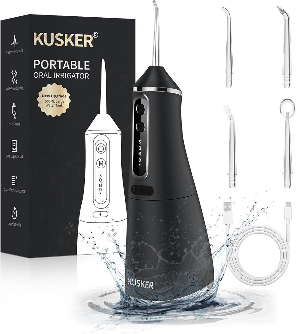 Water Dental Flosser Cordless, KUSKER 500ML Portable Oral Irrigator for Teeth, 5 Modes and 4 Jet Tips, IPX7 Waterproof, Rechargeable for 30-Days Use, Home, Travel, Braces(Black) (1 Count (Pack of 1))