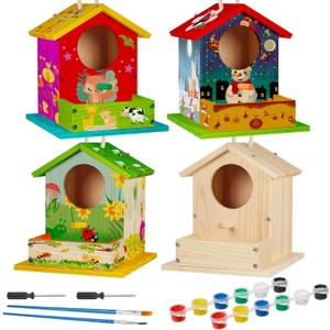 Liliful 6 Pack DIY Wooden Birdhouse Kit, Crafts for Kids and Adults, Bird House with Paint and Paintbrushes Painting Kits for Boys and Girls, Easter Basket Stuffers Classroom Gifts for Ages 4-8