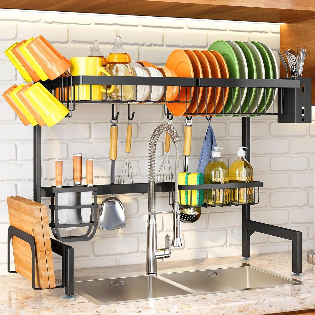 Over The Sink Dish Drainer Drying Rack - Expandable (26.8" to 34.6" W) Large Metal Dish Rack for Kitchen Counter, Kitchen Organizer with Adjustable Basket, Utensil Holder and Sponge Holder (Black)