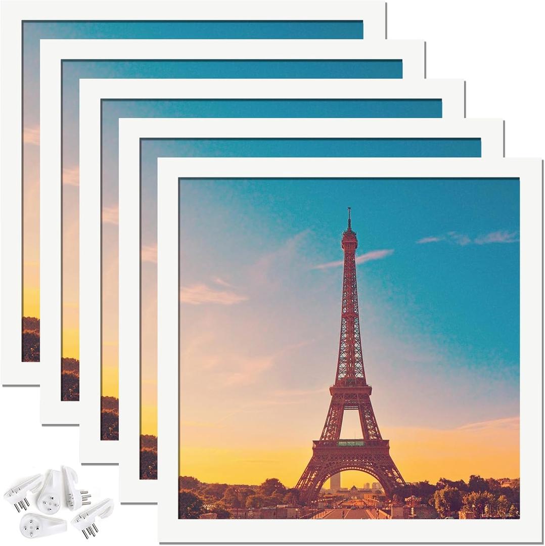 14x14 Picture Frame Set of 5, White Square Photo Frames High Transparent Wall Gallery Desktop Horizontal Vertical for Canvas Collage Photo Poster Certificate 14 x 14 inches