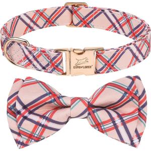 EXPAWLORER Dog Collar - Floral Summer Dog Collars with Bow Tie, Puppy Collar Cute Durable Quick Release Metal Buckle, Soft Adjustable Boy Girl Pet Collar for Small Medium Large Dogs, Plaid M