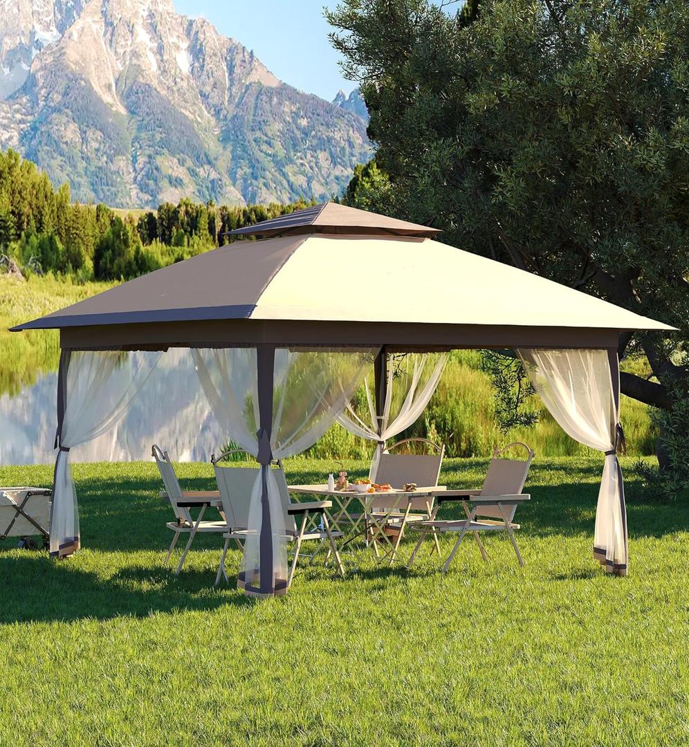 Garvee 13x13FT Pop Up Gazebo, Canopy Tent with Mosquito Netting, Outdoor Patio Gazebo, Backyard Tent for Party, Wedding, Outdoor Dining (Khaki)