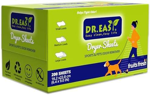 Dr.Easy SPORTS & PETS ODOR REMOVER Fruits Fresh Dryer Sheets,200 Sheets,PLANT&MINERAL-BASED FORMULA
