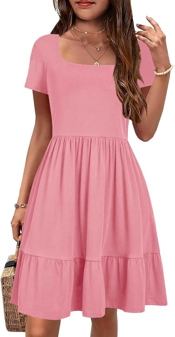YOVION Girls Summer Dress Square Neck Short Sleeve Casual Loose Ruffle Tiered Dresses with Pockets for 6-7 Y (Pink)
