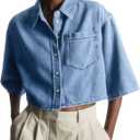 Womens Crop Denim Shirt Half Sleeve Button Down Short Jean Jacket with Pocket (Blue, XL)