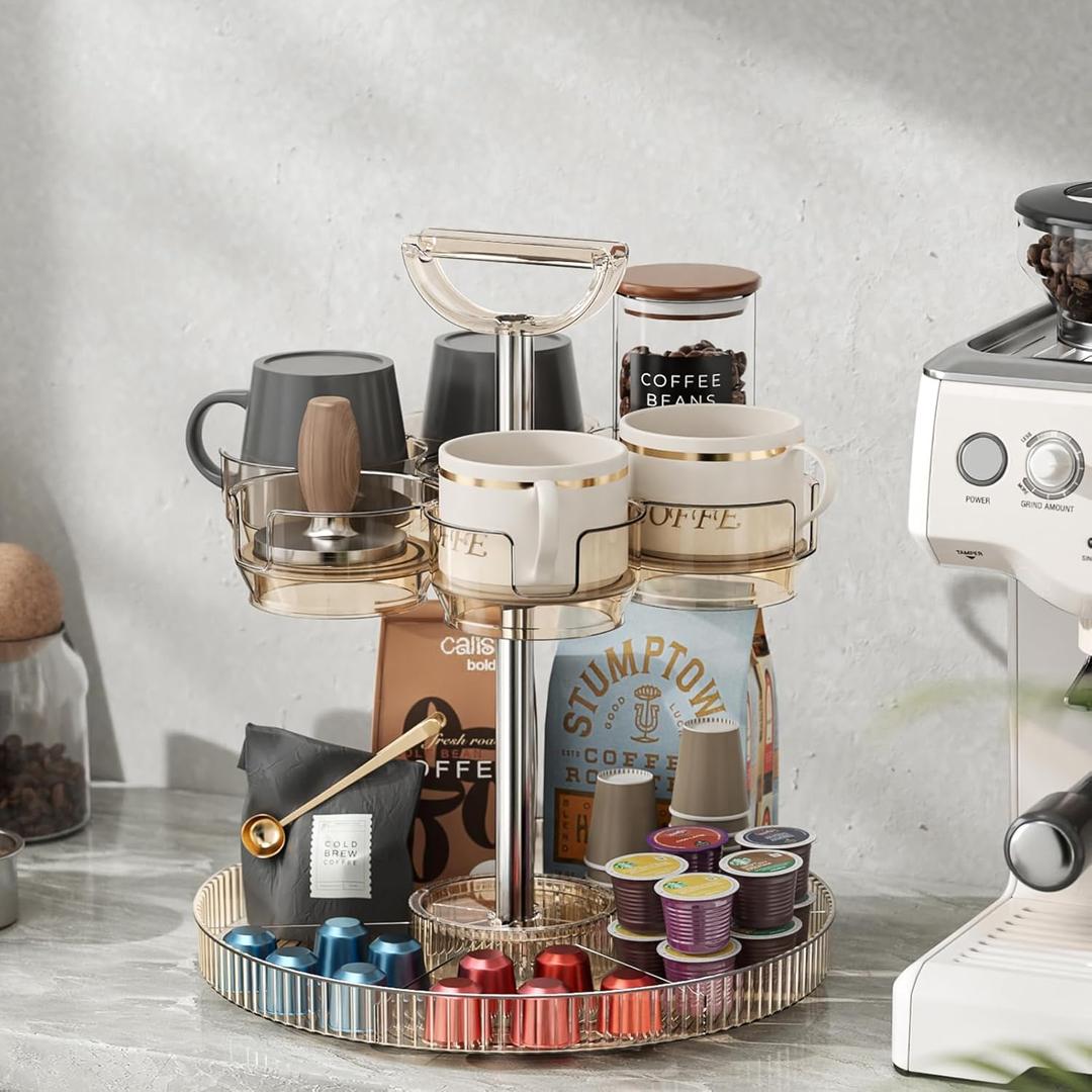 Rotating Coffee Bar Accessories Organizer, 2-Tier Lazy Susan Cup Holder for Stanley 40oz Tumbler with Handle, Countertop Drying Rack Station with Divided Tray for K-Cups, Snacks & Mugs (Champagne Gold)
