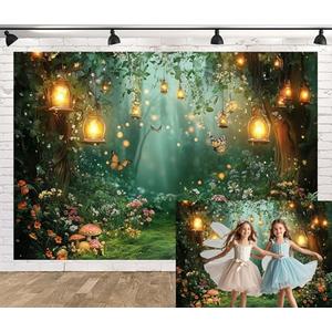 Spring Enchanted Forest Backdrop, Fairy Tale Wonderland Garden Backdrops for Photoshoot, Mushroom Butterfly Woodland Fairy Tea Party Decorations Photo Booth Studio Props Backdrops 7X5FT