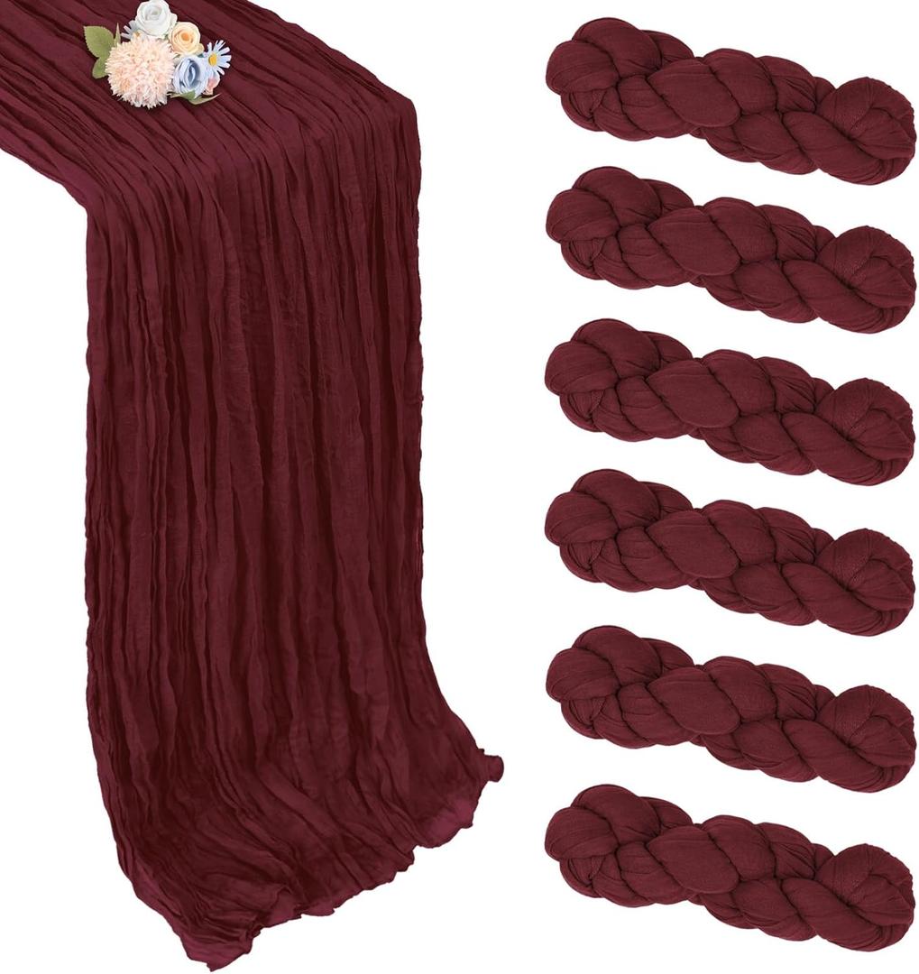 6 Pack Burgundy Cheesecloth Table Runner 10ft Boho Gauze Fabric Cheese Cloth Table Runner 35 x 120 Inch Rustic Sheer Runner for Romantic Wedding Decor Baby Shower Party Table Centerpiece Decoration