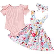 Newborn Baby Girl Dress Outfit Ribbed Ruffle Short Sleeve Romper Floral Layered Overall Skirt Set Summer 3-6M