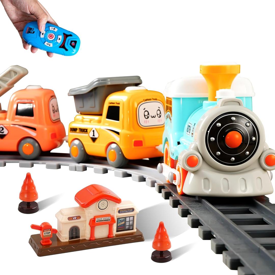 Steam Train Set for Toddlers  Cartoon Face Locomotive with Remote Control, Real Steam, Lights & Music  Magnetic Toy with Tracks & Trucks (19052D-1)