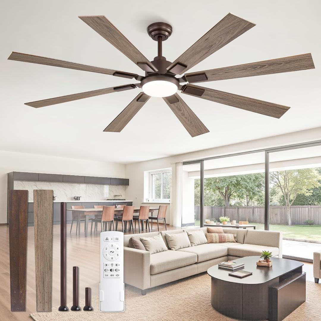 ZMISHIBO 65 Inch Ceiling Fans with Lights and Remote, Bronze Large Ceiling Fan with 3000-6000K Dimmable, Quiet Reversible DC Motor, 6 Speeds, 8 Blades Indoor/Outdoor Ceiling Fan for Patios Living Room