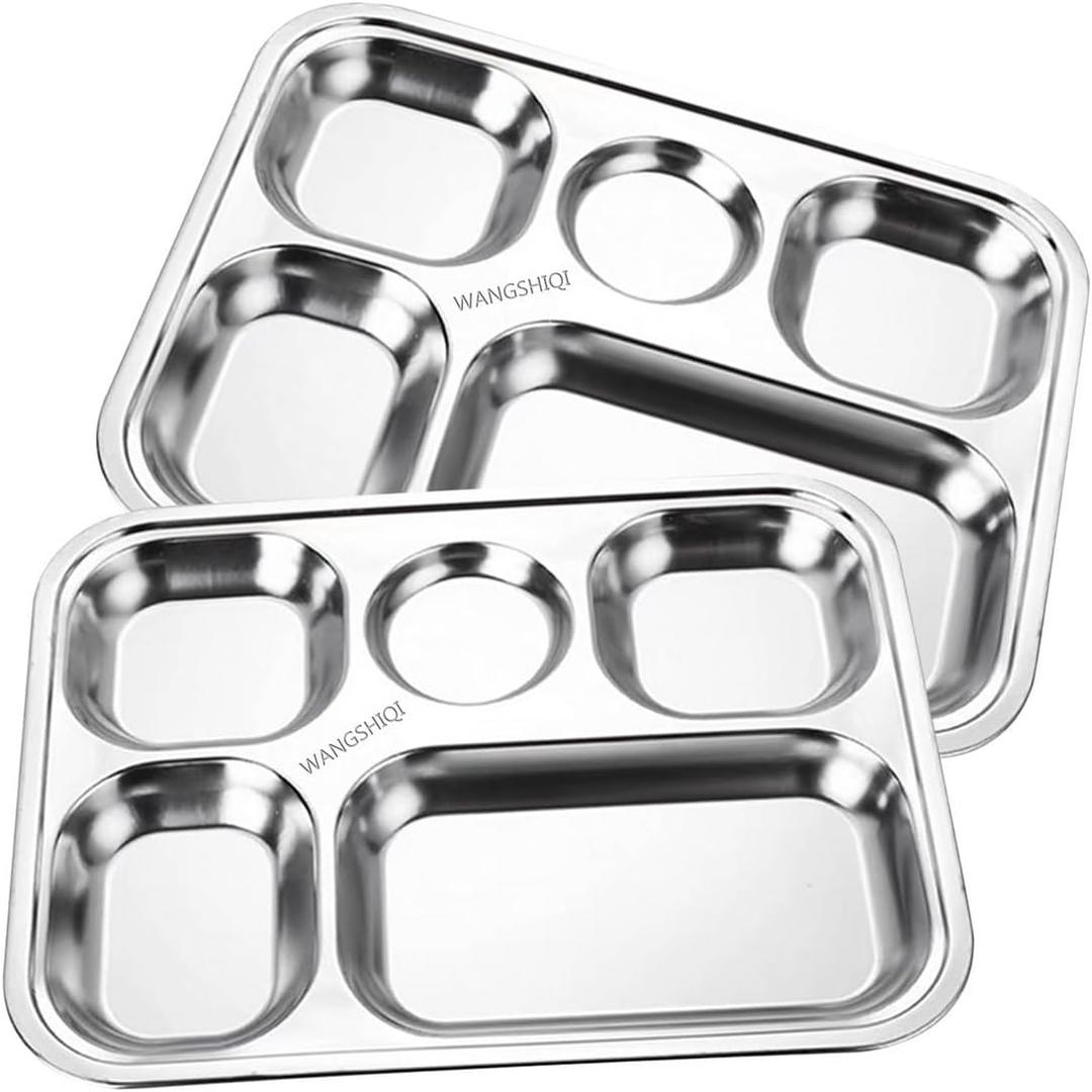 Stainless Steel Divided Plates,2 Pack Stainless Steel Rectangular Divided Plates Tray, 5 Sections Dinner Plates for Adults,Picky Eaters, Campers, and Portion Control (2, 5 divided)