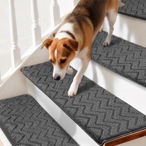 15 Pieces Ultra Plush Bullnose Carpet Stair Treads 9.5"x30" Non Slip, Self Adhesive, Pet Friendly, Washable, Reusable, Skid Resistant Indoor Stair Mats with Iron-Reinforced Edge (Wave & Gray)