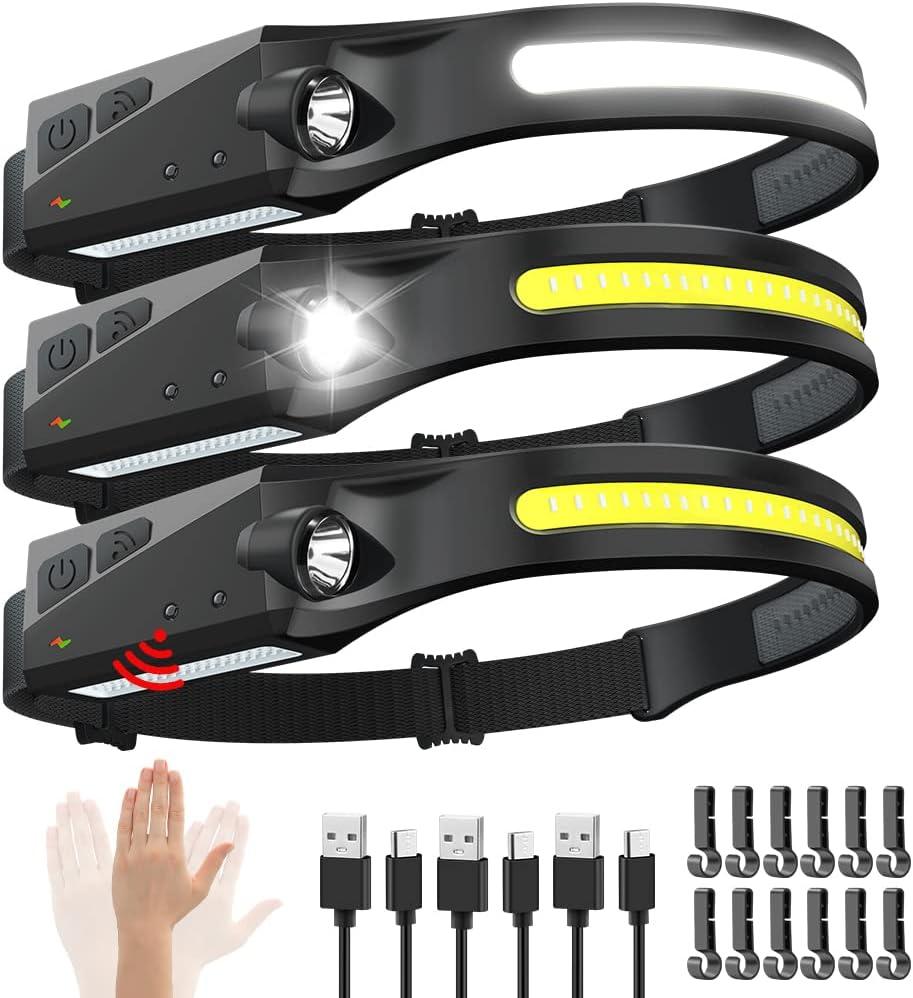 Rechargeable Headlamp 3PCS, 230 Wide Beam Head Lamp, Motion Sensor LED Headlamp Rechargeable, 5Mode Bright Headlamps for Adults, Head Lights for Forehead, Hard Hat Headlight, Camping Essentials Gear (3Pack)