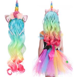 Hifot Unicorn Headband Curly Wig for Girls, Rainbow Flower Birthday Party Supplies Halloween Decorations for Kids Hair Accessories