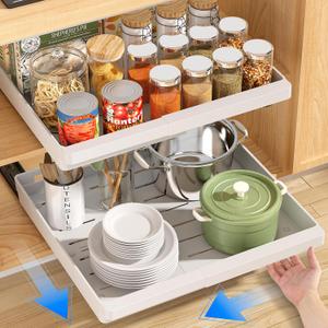 2 Pack Pull Out Cabinet Organizers Expandable , Slide Out Drawers for Kitchen, Bathroom, Pantry, Under Sink Storage, Pull Out Drawers Fixed with Adhesive Nano Film (White) Size: 20.8"D x 13"~19"W