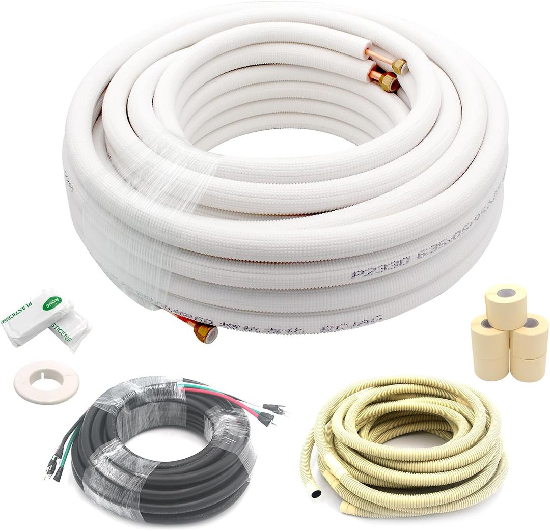 TAUROX 50FT Mini Split Line Set 1/4" & 3/8" O.D Copper Pipes Tubing and 3/8" White Thickened PE Insulation Coil, for Mini Split Air Conditioning or Heating Pump Equipment and HVAC with Flared Nuts.
