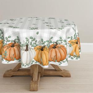 Horaldaily Fall Tablecloth 60x60 Inch Round, Thanksgiving Autumn Harvest Orange Pumpkin Buffalo Plaid Table Cover for Party Picnic Dinner Decor