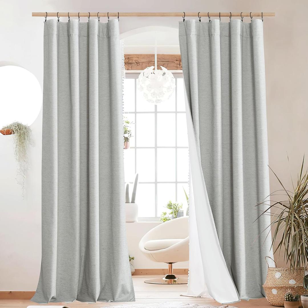 NICETOWN Grey Long Linen Full Shade Panels, Pair of Thermal Insulated & Energy Efficiency Blackout Curtains for Living Room Windows, Lined Silky Performance Window Dressing (52" Wide x 95" Long)