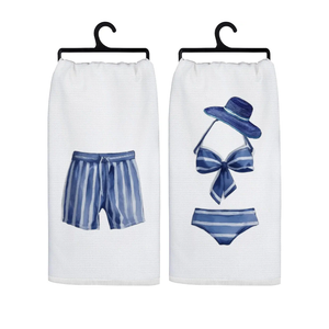 Summer Beach Kitchen Towels, Blue Striped Beach Swimsuits Decorative Hand Towels for Bathroom, Coastal Nautical Beachy Dish Tea Towels for Kitchen, 16x24 Inch Set of 2